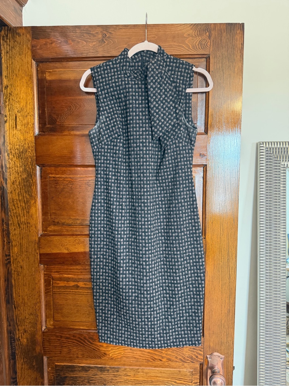 Calvin Klein Black and Gray Checked Sleeveless Sheath Dress with Bow Neck